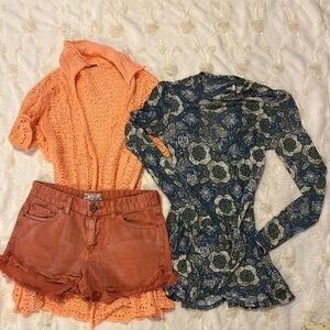 FREE PEOPLE LOT!- Orange Crochet Cardigan, Floral Long Sleeve Top, Orange Shorts